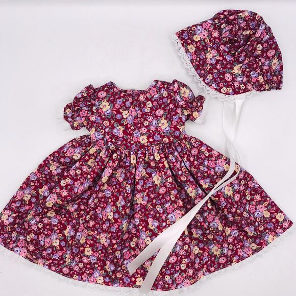 Pioneer Doll Dress & Bonnet, Handmade Outfit, For 18 Inch Dolls Rose Pink Floral - Picture 1 of 11